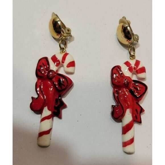 Vtg Christmas Clip On Earrings - Poinsettias, Santa Jack in the Box, Candy Canes - Picture 4 of 7